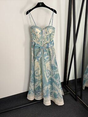 Zimmermann Black Rose Print Bow Belt Sleeveless Midi Dress